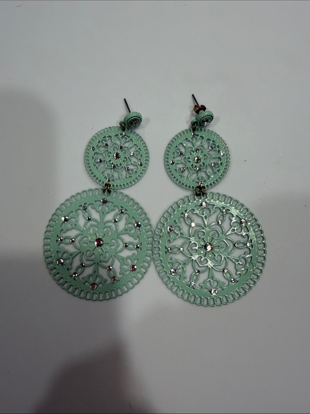 Mint Green Filigree Drop Earrings with Crystal Accents